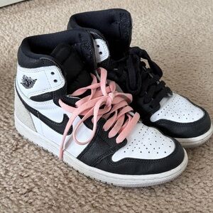 Jordan High-Top Sneakers in Black, White & Pink Laces